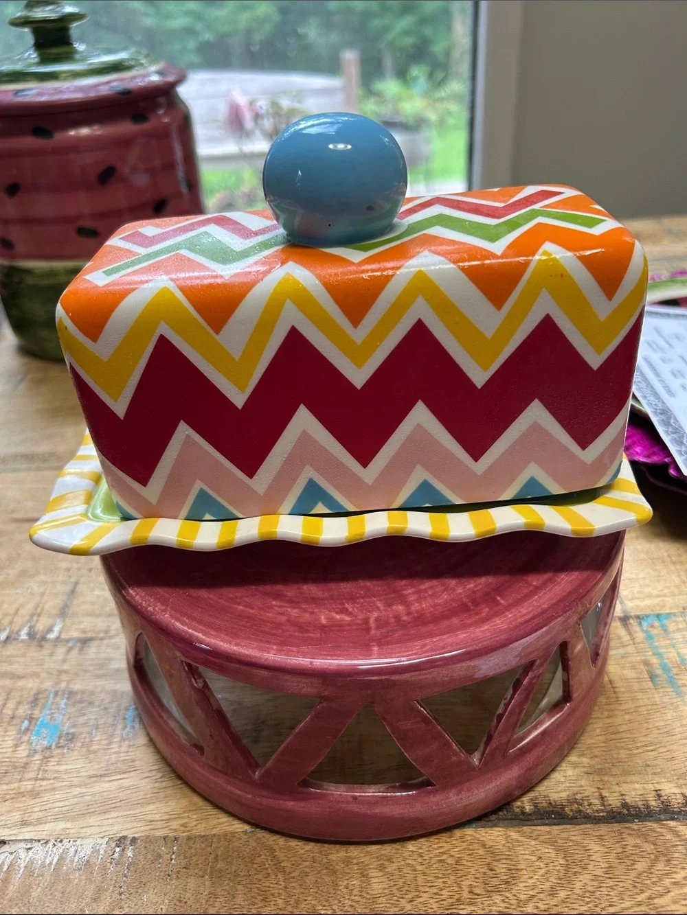 Colorful Chevron Ceramic Butter Dish with Blue Knob
